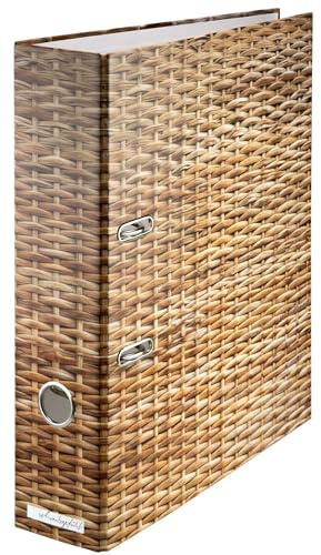 Flechtwerk Ordner Ringbuch DIN A4, ca. 8 cm breit, Natur Beige | cremefarben, matt, Korb-Optik fürs Büro und Wohnzimmer