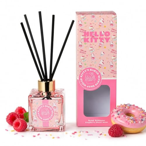 Hello Kitty Bakery Raspberry Donut Scented Reed Diffuser with Decorative Glass Bottle – Sweet Fruity Aroma, Long-Lasting Fragrance