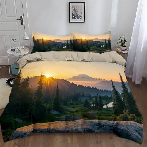 WHUOEUCO Set Copripiumino 220x240cm Paesaggio Montano All'Alba 3 Pezzi Biancheria da Letto Microfibra Moderno Stampa 3D, Parure Copri Piumone con 2 Federa Bambini Adulti