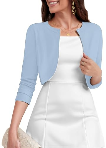 Heymoments Women's Thin Shrugs for Dresses Light Blue Small Open Front 3/4 Sleeve Knit Lightweight Crop Cardigan Dressy Cropped Tops Coat Sweater Clothes
