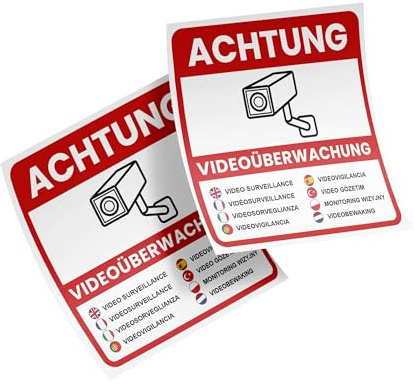 2 Achtung Videoüberwachung Aufkleber – 98x98 mm – Sticker wetterfest & wasserabweisend – geschlitzte Rückseite für einfache Anbringung – mehrsprachig Kamera Warnschild Sticker für Gelände