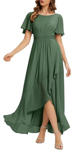 Ever-Pretty Women's Chiffon Bridesmaid Dress with Romantic Flutter Sleeve Ruched Waist High-Low Maxi Dress for Prom Wedding Guest 02708