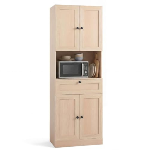 COSTWAY 171.5cm Tall Kitchen Cupboard, 4-Door Pantry Storage Cabinet with Adjustable Shelf, Drawer & Anti-tipping Device, Freestanding Sideboard Organizer Unit for Home Dining Room (Natural)