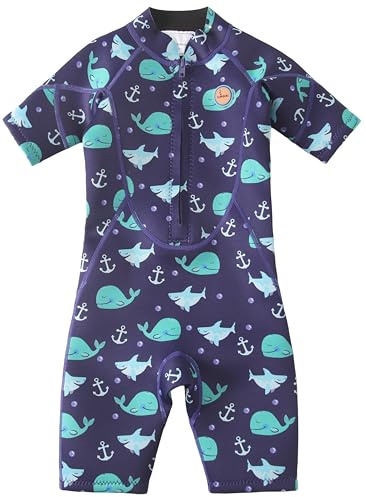 Swimbubs barn våtdräkt 2 mm neopren kort – baddräkt med dragkedja framtill för pool och strand (5-6 år, blåval)
