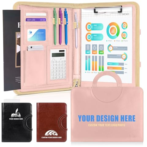 ENOMY Konferenzmappe A4 personalisiert Leder mit Reißverschluss, Dokumentenmappe Organizer Schreibmappe Portfolio Mappe mit Logo, Business Büro Bewerbung (Rosa)