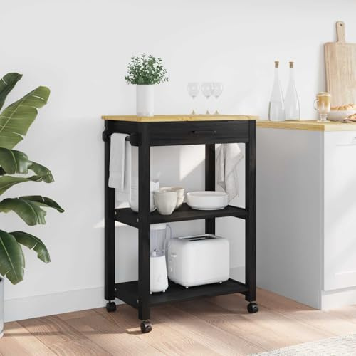 Bendmaxx Kökstulle, Monza, svart, 60 x 40 x 88,5 cm, massivt trä, tall, rullvagn med låda och hylla, köksö, arbetsvagn för kök, matsal med 360 graders hjul
