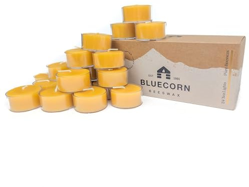 Bluecorn Beeswax Tea Light Candles, 100% Pure Natural Bees Wax, Yellow Tea Lights, Fragrance Free, Paraffin & Soy Free Candle Wax, Clean Burning, Long Lasting (4-5 Hrs), American Made, 24 Pack