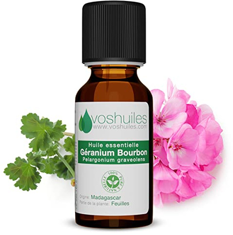 VOSHUILES - Huile Essentielle de Géranium Bourbon - 20ml - 100% Pure et Naturelle - Pelargonium Graveolens - Cosmétique et Parfumerie - Parfum Intense Mentholé