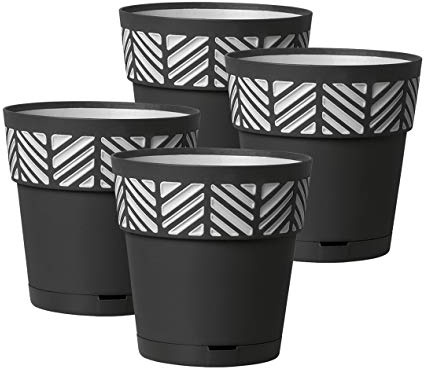 Kreher 4 Stück Pflanztöpfe ORFEO Hochwertiges 3D-Design in leicht Matter Ausführung mit integrierten Wasserspeicher (M, Anthrazit)