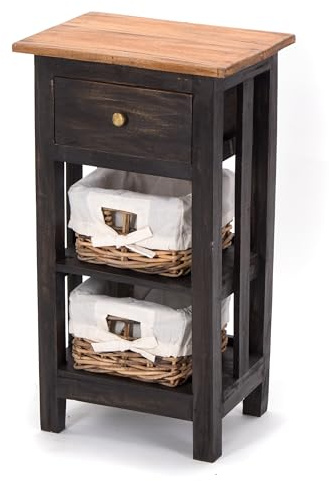 TELEFONTISCH RATTAN 70 | 70x38x28 cm (HxBxT), Mahagoni, mit Rattan Körben und Schublade | Beistelltisch aus Massivholz, Holz Konsolentisch, Badezimmerschränkchen | Farbe: 04 schwarz-natur