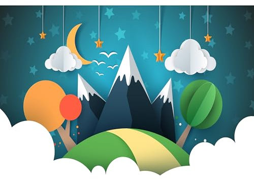 decomonkey - Papier Peint Panoramique Enfants 350x256 cm - Décoration murale – Tapisserie pour salon - Nuages pour les enfants arbres montagnes étoiles lune ciel paysage enfant d'âge préscolaire