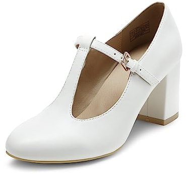 DREAM PAIRS Mary Jane Chunky Heels Wedding Dress Shoes,White/Pu,9
