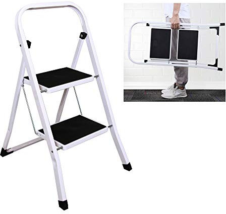 Escabeau Pliable 2 marches, Heavy Duty Antidérapant Échelle Marchepied Pliante Charge Max 300lbs avec Poignée Pratique, Tabouret de Marche en Acier Portable Blanc et Noir
