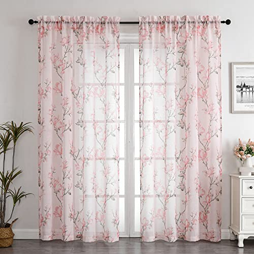 SMILE WEAVER Tende velate rosa cipria, lunghezza 160 cm, per soggiorno, con motivo floreale, in voile di lino testurizzato, con tasca per asta, per camera da letto/cucina, 2 pannelli