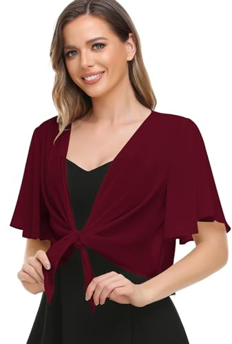 Chiffon-Schal für Damen, vorne offen, zum Binden, Cardigan für Abendkleid, Weinrot, L-XXL