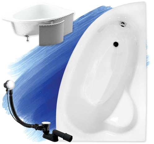 BADLAND Original Weiß Acryl Wanne Badewanne Eckbadewanne NATALIA PREMIUM 150x100 KOMPLETTSET SET mit Premium Styropor + Handgriffen Füßen und Premium Chrom Automatik Ablaufgarnitur Made in EU 5in1