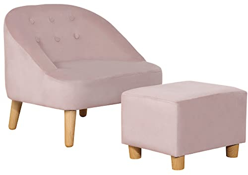 HOMCOM Kindersessel Kindersofa mit Fußhocker Kindercouch ab 3 Jahren Kindermöbel Kinderzimmer Samtoptik Eukalyptusholz Rosa 51 x 51 x 50 cm