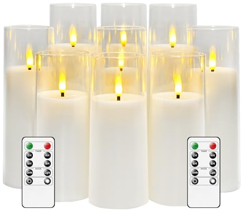 kakoya Flickering Flameless Candles Battery Operated with Remote and 2/4/6/8 H Timer Acrylic Led Pillar Candles Pack of 9 (appr D2.3xH5.56.57.5)with Realistic 3D Wick Candles for Home Decor(White)