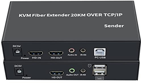 KVM Faser-Extender, 20 km, HDMI + USB Faser Extender Fernbedienung Tastatur und Maus, 3,5 mm Audio/IR Full HD 1080p / 6 Ohm, HDMI auf Singlemode-Faseroptikkabel