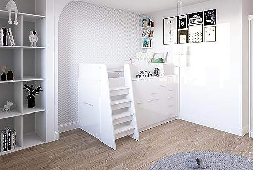 Marlux-Meble Hochbett JSM-1 80x190 TREPPE Links 129 cm Hoch mit Kleiderschrank Schreibtisch Schränke Hochglanz Funktionsbett Etagenbett Stockbett Kinderhochbett Jugendhochbett (Weiß Glanz)