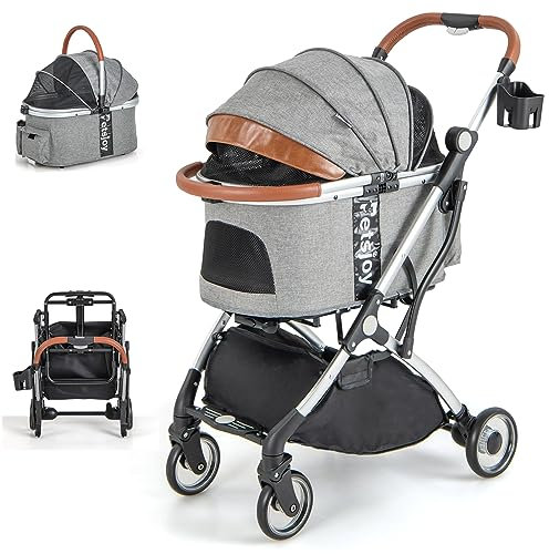 COSTWAY 3 in 1 Hundewagen, Hundebuggy klappbar, bis 15 kg | mit abnehmbarem Korb | Regenschutz | Teleskopgriff | Netzfenster, Haustierwagen für Hunde & Katzen, Haustiere Buggy Katzenbuggy, Grau