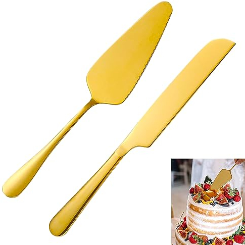 Set di coltelli per torta nuziale e server, in acciaio inox dorato, per il matrimonio. Include formine e paletta per torte, perfetto per matrimoni, compleanni, feste, addio al nubilato (oro)