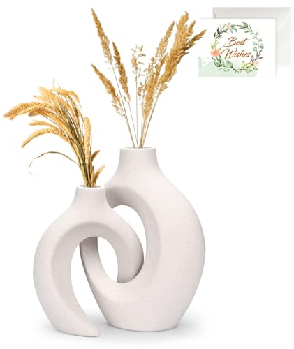 TAVADA Weiße Keramikvase,Set mit 2 Pampasgras vasen,vasen deko,Moderne Keramik Deko Vase,Boho Nordic Minimalismus Stil Blumenvasen,Vase Matt