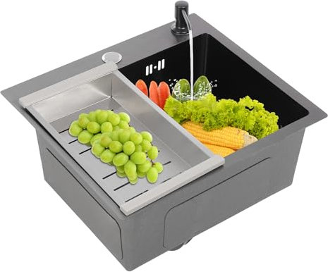 Spülbecken Edelstahl Eckig 45x40 cm Küchenspüle mit Seifenspender, Einzelbecken Einbauspüle Küche Spüle Kitchen Sink inkl Siphon und Ablaufgarnitur Abtropfkorb 1 Becken für 40er Unterschrank