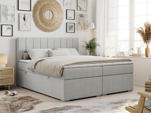 MKS MEBLE Boxspringbett mit 2 Bettkästen, Polsterbett mit Matratze H3 und T25 Topper, Bett 160x200 mit Kopfteil - Hellgrau Strukture - H3 - Ally