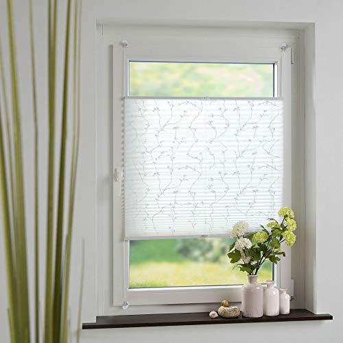 Bedrucktes Klemmfix-Plissee mit Blumenmotiv, Lichtschutz, Sichtschutz, verspannt, ohne Bohren oder Schrauben, Breite: 120 cm/Länge: 130 cm, weiß