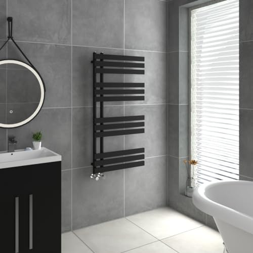 Warmehaus Designer Heated Towel Rail D Shape Warmer Black 1200x600mm | Bathroom Ladder Style Radiator, Central Heating, for Bathroom Kitchen Living Room, Wall Mounted, Mild Steel