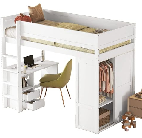 Kinderbett, Etagenbett 90x200cm mit Kleiderschrank und Integrierter Schreibtisch, Vielseitig Hochbett mit Rausfallschutz und Schublade, Bettrahmen und Lattenrost aus Kiefernholz, Ohne Matratze, Weiß