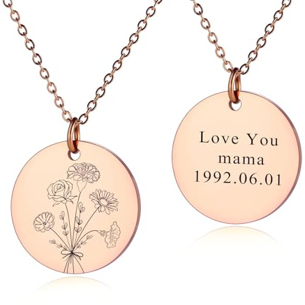 INBLUE Personalizzato Inciso Nascita Fiore Disc Collana per Donne Testo Inciso Ciondolo Rotondo Acciaio Inossidabile Combinato Nascita Bouquet Collana Moda Dainty Gioielli Regalo per Compleanno - C2