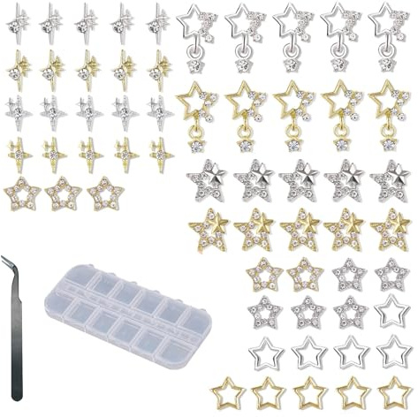 Aikeis 60 Stück 3D-Nägel Gold + silberne Glitzer-Luxus-Stern-Edelstein-Kristall-Diamant-Schmuck-Ohrstecker für Nail-Art-Acryl-Nagel-Maniküre (mit Box und Pinzette)
