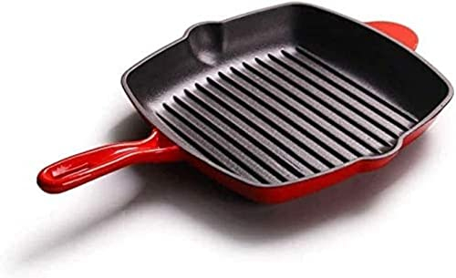 TIECHUINIUB Quadratische Grillpfanne, 27 cm, emaillierte Gusseisen-Bratpfanne mit gegenüberliegendem Griff und zwei Ausgießlippen für alle Herdarten, große Pfanne für Fleisch, Fisch und Gemüse