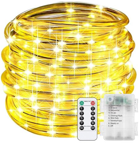 DINOWIN LED Schlauch Lichterkette Batterie Wasserdicht Lichterkette Draht mit Fernbedienung 8 Modi und Timer Lichtschlauch für Innen Außen Zimmer Party Garten (Warmweiß, 20M 200LED)