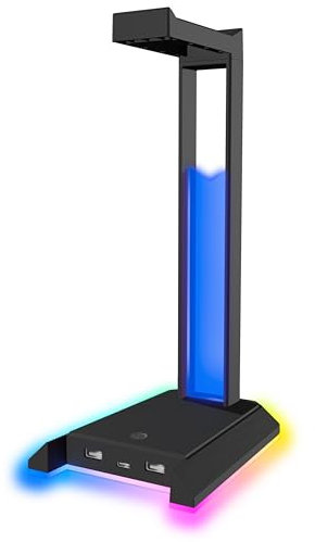 Speedlink EXCELLO NX Soporte Auriculares - Soporte Cascos Gaming RGB para Juegos Accesorio LED con 9 Modos de iluminación, USB HUB 2.0 con 1 USB-C y 2 USB-A, Iluminados RBG de Luz, Negro