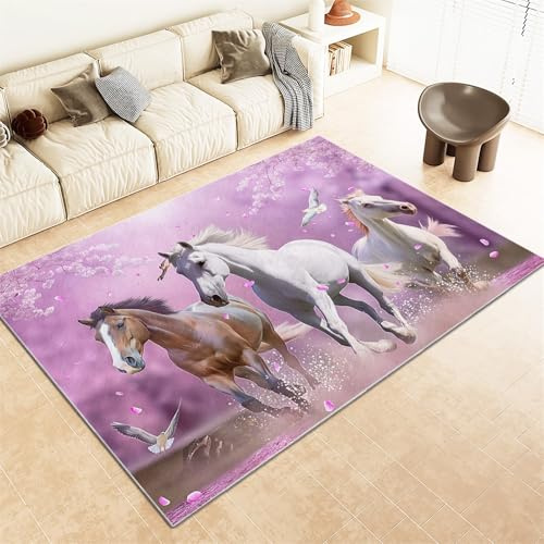 Waschbarer Teppich 140x200 cm Tiere Pferde KirschblüTen Lila Flauschiger Kurzflor Teppich für Wohnzimmer und Schlafzimmer Lila, Anti-Rutsch Unterseite, Kinderzimmer Dekoration