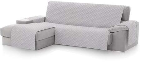 Textilhome CubreSofá Chaise Longue Malu, Protector para Sofás Acolchado Brazo Izquierdo, Tamaño 240cm. Color Gris Claro (Visto DE Frente), Ideal para Mascotas, Arañazos.