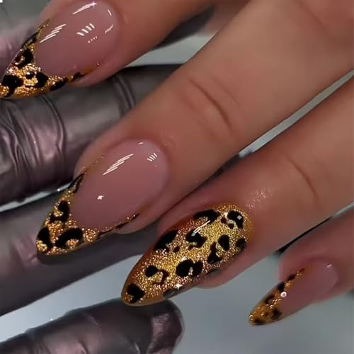 GlamRays 24 Stück Leopard French Press On Nails Mittel Mandel Falsche Nails Mit Gold Leopard Print Design Voll Abdeckung Nude Akryl Glänzend Künstliche Nails