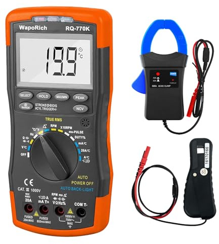 WapoRich Automotive Multimeter Combo Kit: RQ-770K Digital Multimeter & 605A 600A Clamp Probe & 705A Signal Pickup – Measure Voltage, Current, RPM, Temperature, Resistance for Car Diagnostics