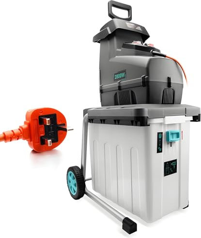 Bluemars 2800W Silent Impact Electric Garden Shredder Wood Chipper, 60RPM speed, Equiped w/ 10m Orange Power Cable, Detachable 53 Litre Collection Box