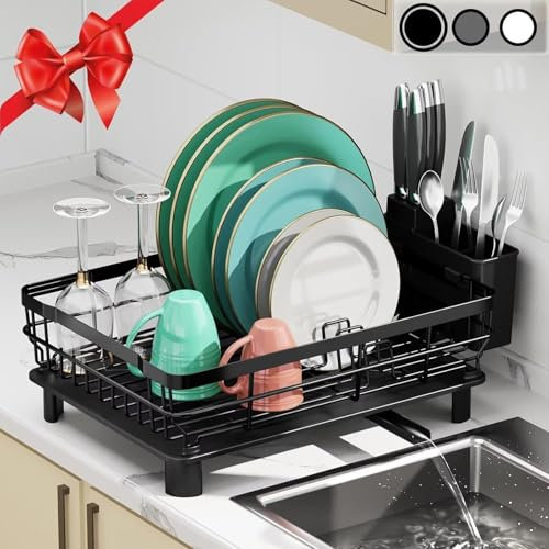 SPUSEN Dish Drainer Rack, Space-Saving Stainless Steel Dish Racks for Kitchen Counter,Dish Drainer with Removable Utensil Holder Drainboard (Black)