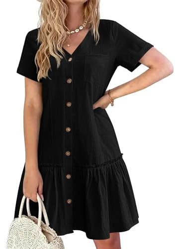 Hotouch Robe d’été Femme Lin Boutonnée Col V Robe de Plage Casual Courte A-Ligne à Volants