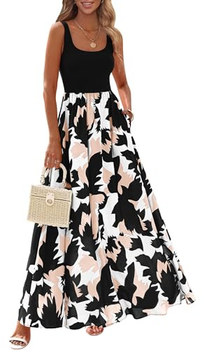 KIRUNDO Women Summer Sleeveless Boho Floral Maxi Dress 2026 Scoop Neck Tank A Line Flowy Beach Vacation Resort Wear Sundress(Black, X-Large)