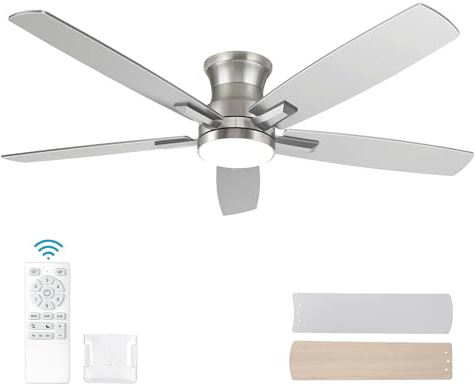 52 Inch Flush Mount Brushed Nickel Ceiling Fan with Light and Remote Control.Noiseless,Dimmable,3CCT,6 Speeds Reversible, Low Profile DC Ceiling Fans for Indoor or Covered Outdoor Use,ETL Listed