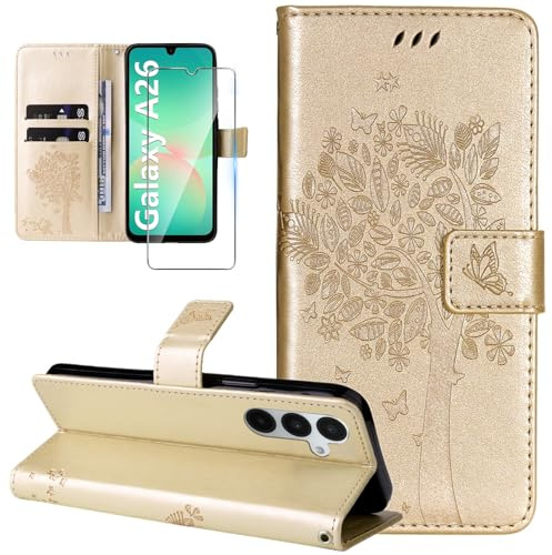 Dcjlbo Coque pour Samsung Galaxy A26 5G Antichoc Etui Protection-Or | Étui avec Verre Trempé Motif Porte Carte,Portefeuille Cuir Housse Rabat,Support Réglable Antidérapante à Rabat Pochette Case