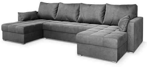 Masseno Ecksofa NAKO M mit Schlaffunktion U-Form, Sofa mit Bettkasten, Wohnzimmersofa, Couch, Soffa, Bettsofa, Couchgarnitur- Grau, Monolith 85