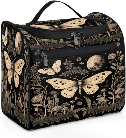 Mexpekil Kulturbeutel zum Aufhängen, Vintage-Stil, Gothic, Blumenmotiv, Mond, Schmetterling, groß, wasserdicht, Make-up, Kosmetik, Kulturbeutel für Reisen, mehrfarbig, 10.2 x 6.5 x 9.2 inches,