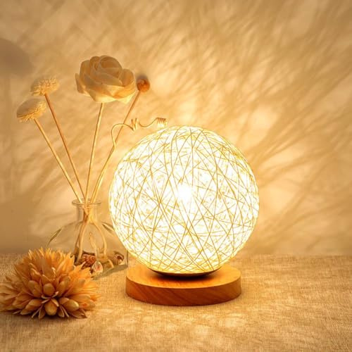 LED Tischlampe Rattan aus Naturale Bambus und Holz Akku Tischleuchte Kabellose Dimmbar Touch Lampe Kugel Boho Handgewebt Rattan Nachtlicht USB Wiederaufladbar Nachttischlampe Kinderzimmer Deko Lampe